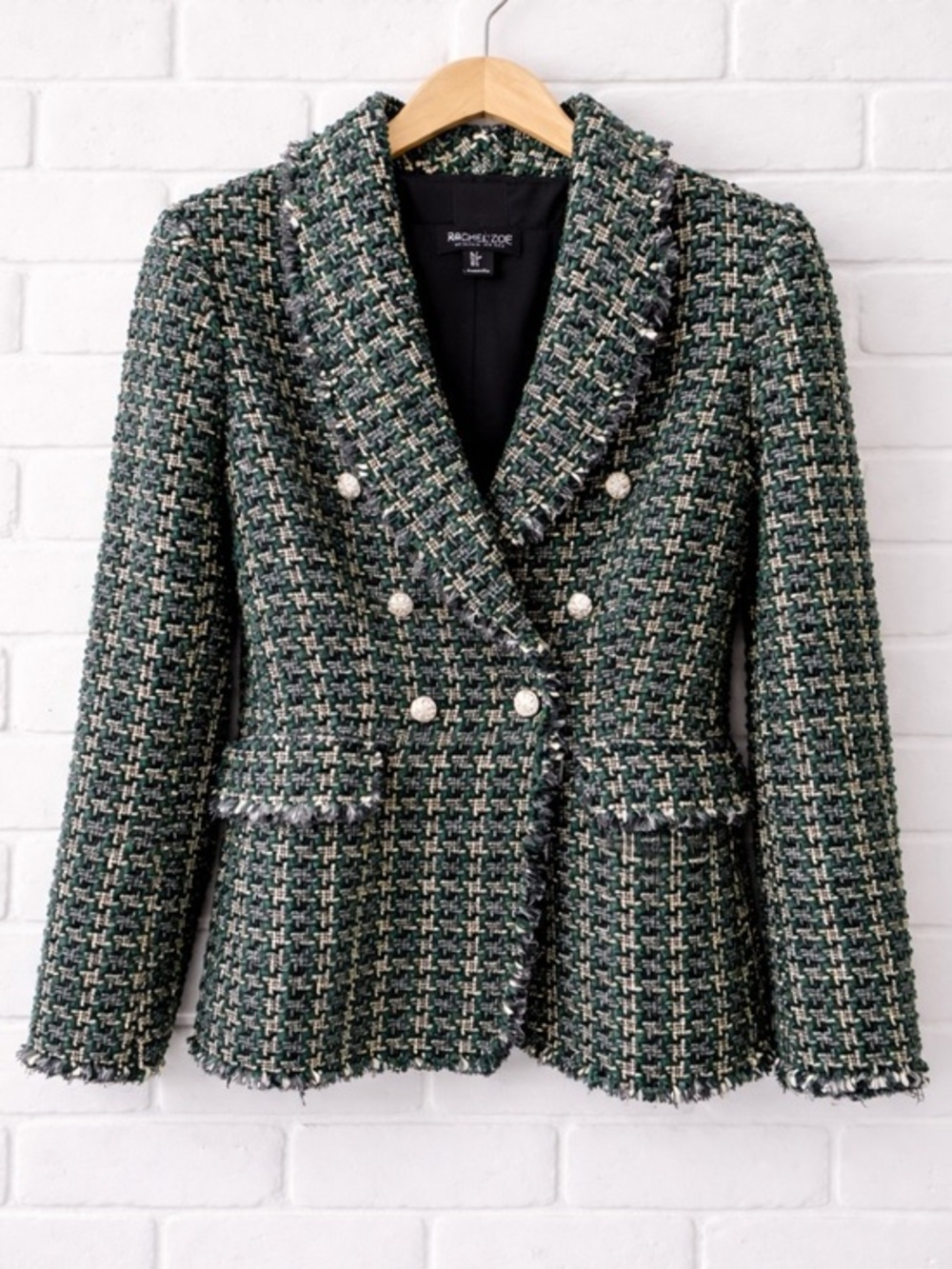 Rachel Zoe Green Metallic Tweed Blazer | Double Breasted | Size Small